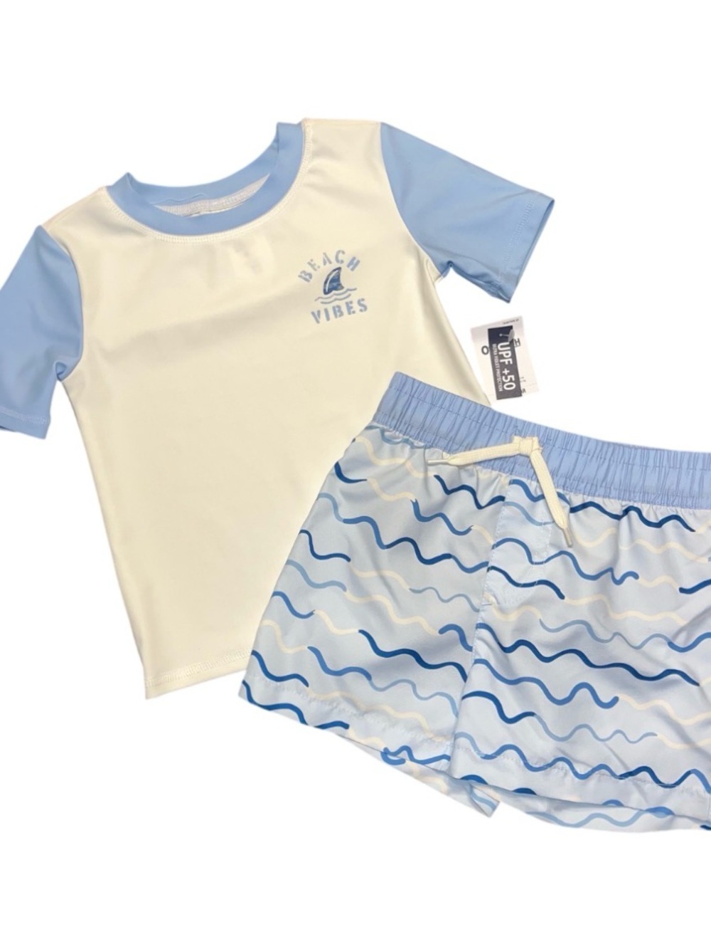 Osh Kosh B’gosh Short Sleeve Swim Set Blue Lined Trunks NWT 2T Rash Guard Wave